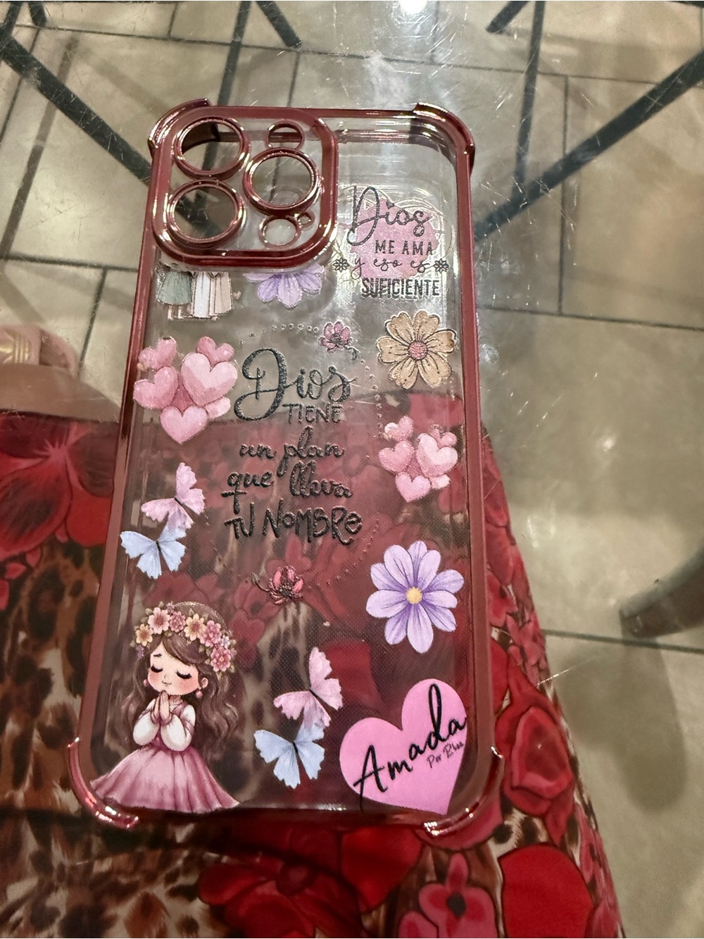 Clear Pink Decorative Phone Case with Floral & Heart Design